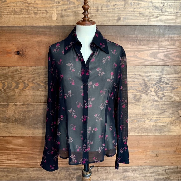 Express Tops - Express Sheer Black Floral Portofino Shirt